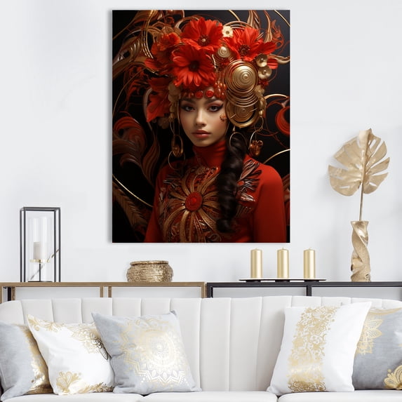 Designart "Goddess Portrait of Woman in Gold and Red I" Fashion Canvas Wall Art - Glam Red Woman Goddess Entryway Wall Art