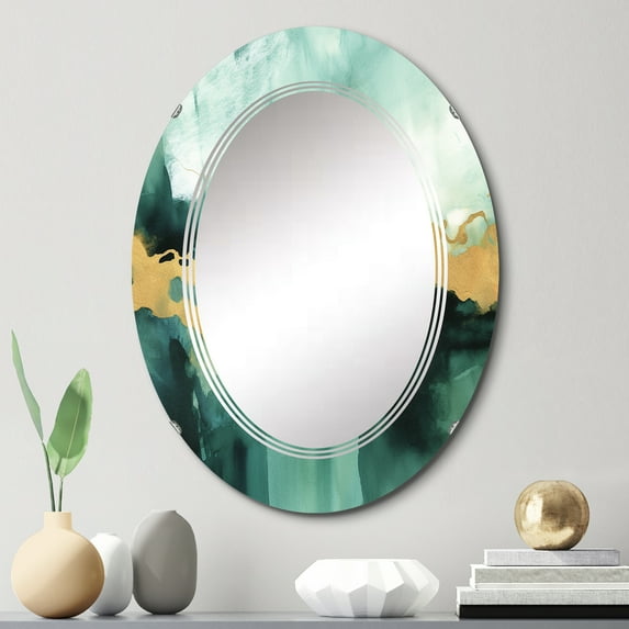 Designart "Gold Accents in a Blue Watercolor Impression I" Fractals Round Wall Mirror - Modern Oval Printed Decorative Oversized Mirror - Multiple Color Options