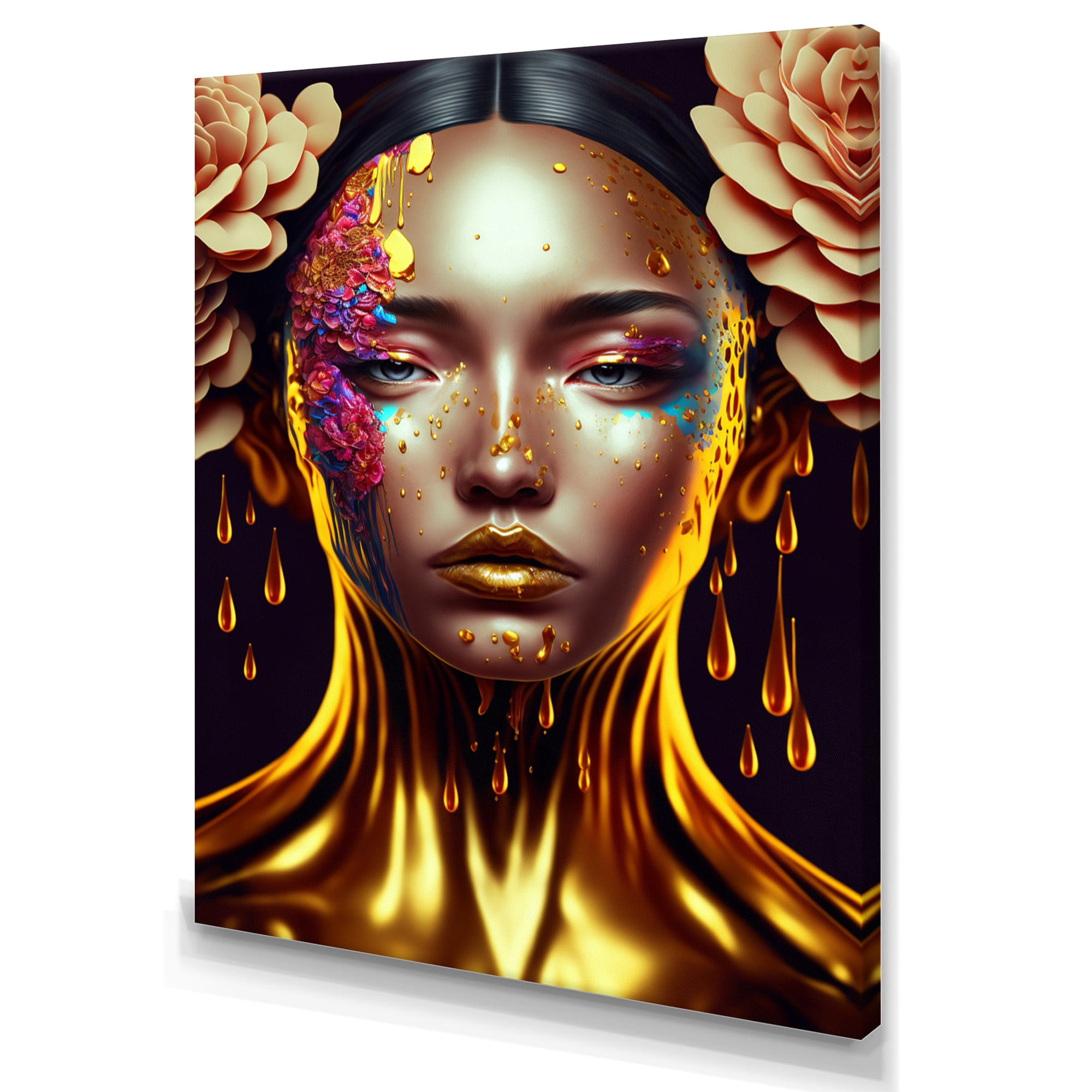 Designart Gold And Black Floral Asian Woman II Canvas Wall Art