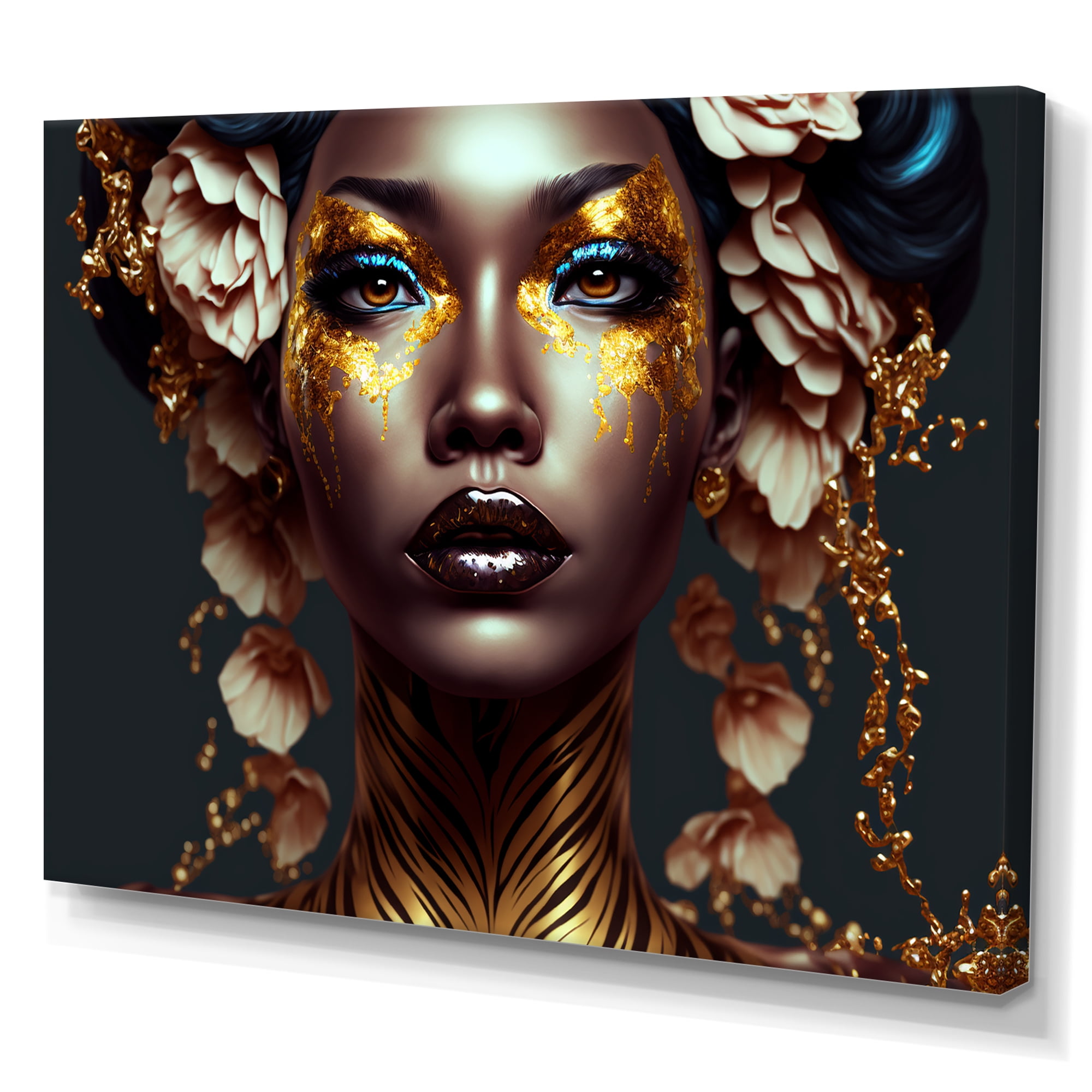 Designart Gold And Black Floral Woman I Canvas Wall Art