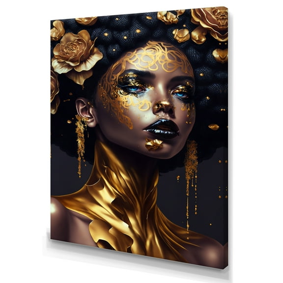 Designart Gold And Black Floral Woman III Canvas Wall Art