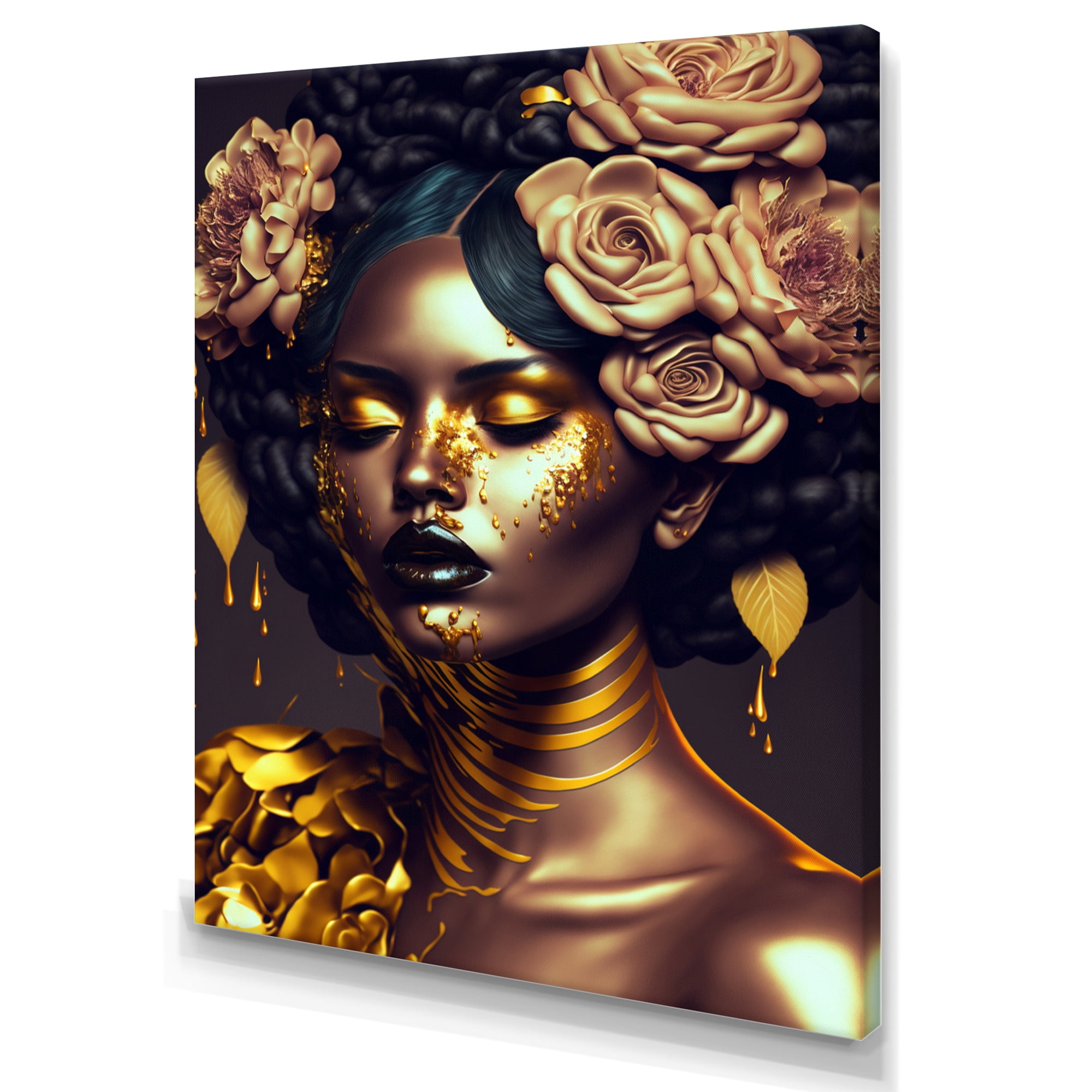 Designart Gold And Black Floral Woman IV Canvas Wall Art