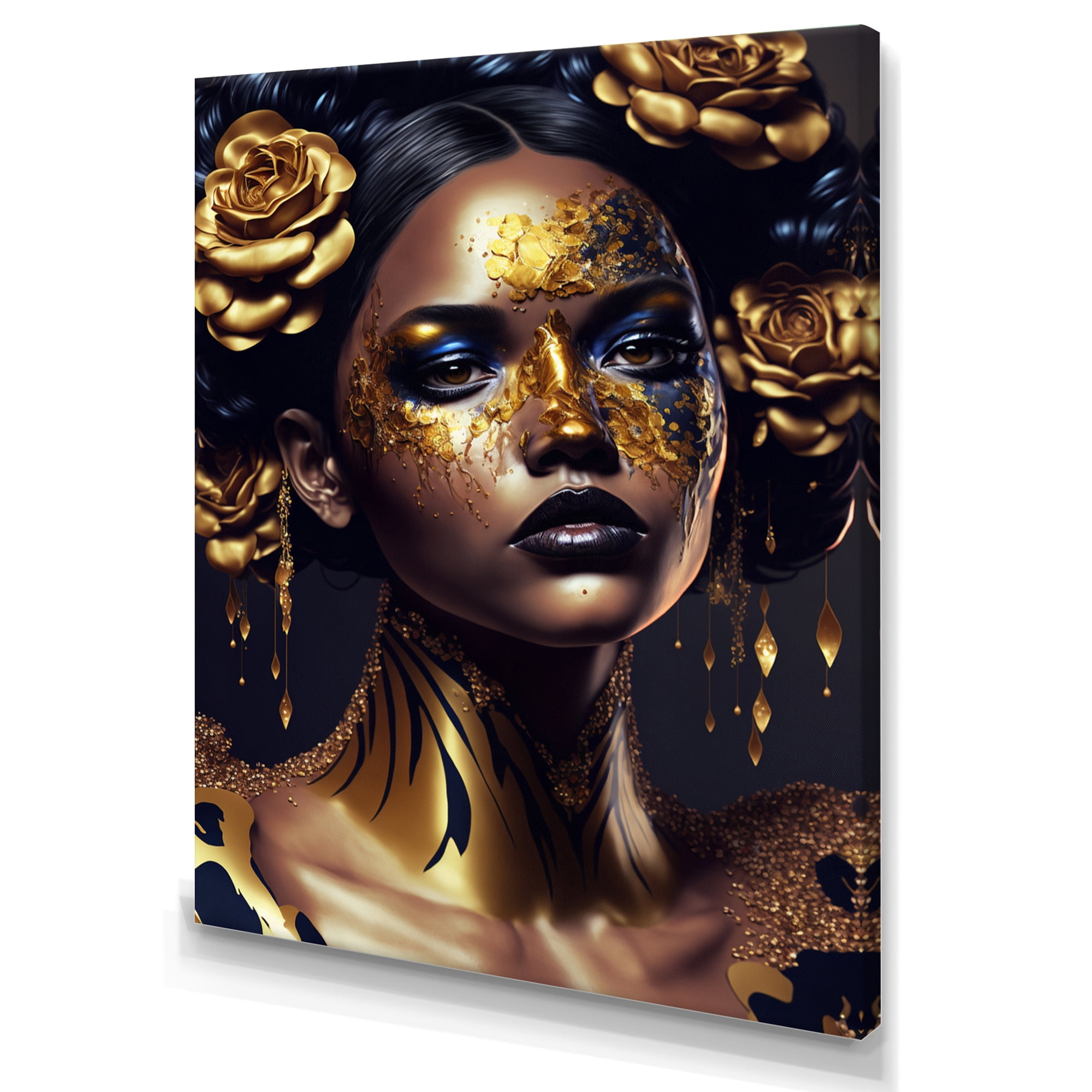 Designart Gold And Black Floral Woman V Canvas Wall Art