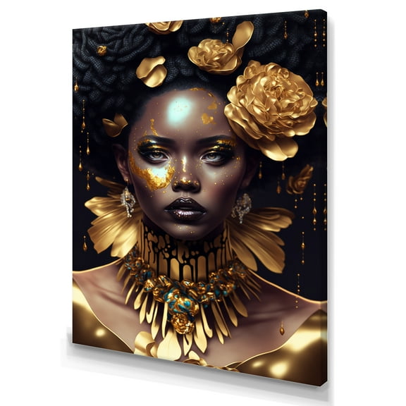 Designart Gold And Black Floral Woman VI Canvas Wall Art