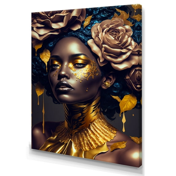 Designart Gold And Black Floral Woman VII Canvas Wall Art