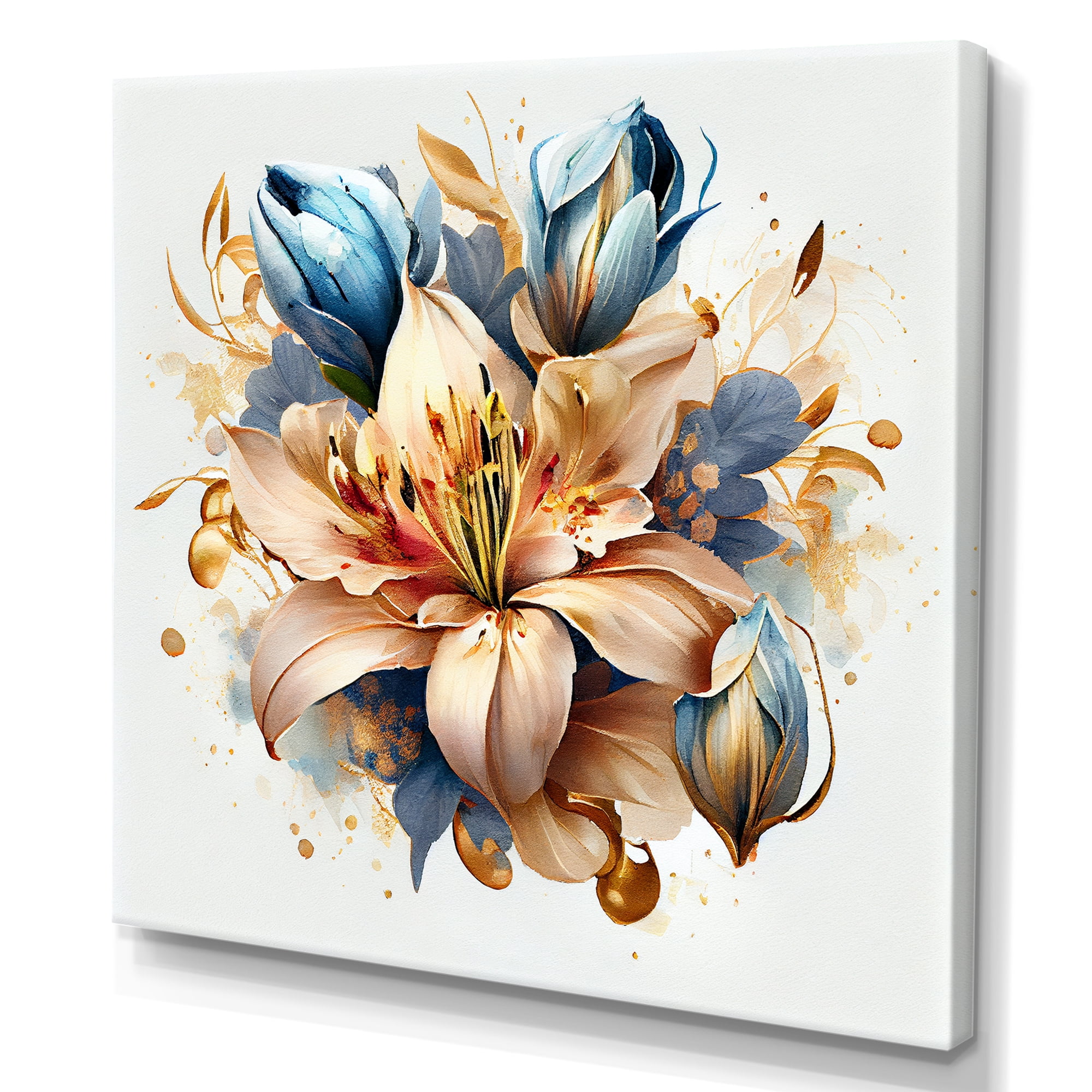 Designart Gold And Blue Lily Bouquet II Canvas Wall Art