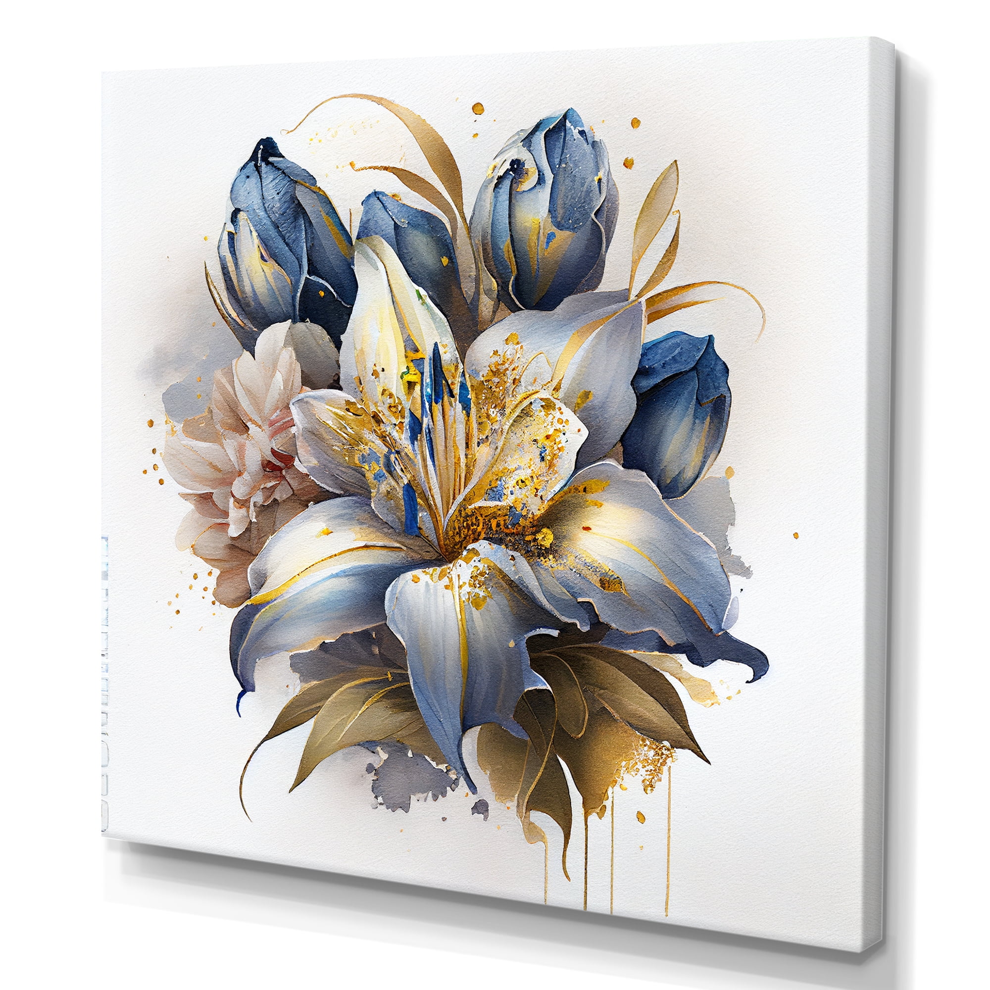 Designart Gold And Blue Lily Bouquet III Canvas Wall Art