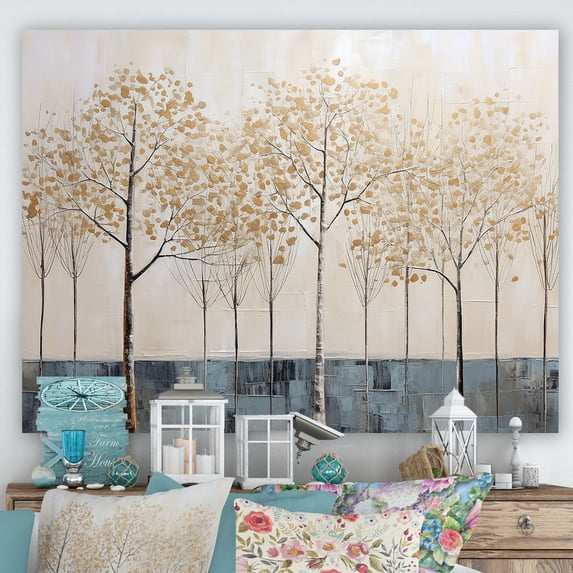 Designart "Gold And Blue Tree Serenity I" Landscape Trees Wall Art Living Room
