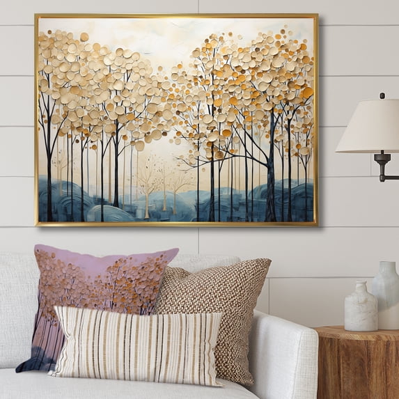 Designart "Gold And Blue Tree Serenity IV" Landscape Trees Floater Framed Canvas Prints