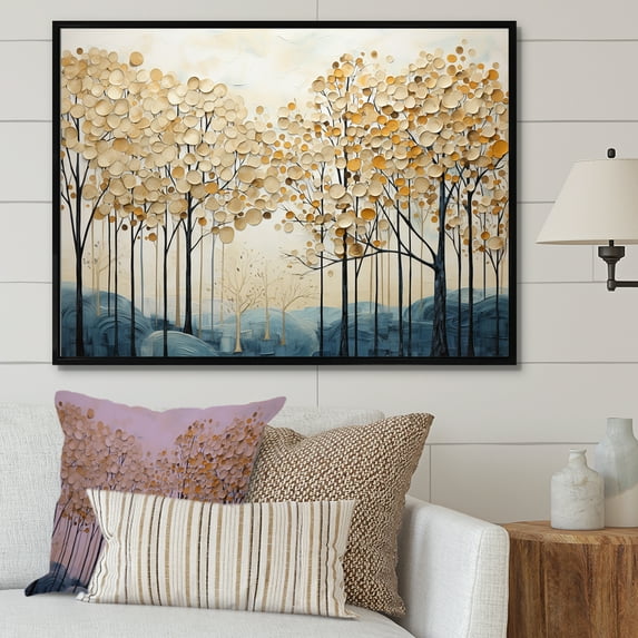 Designart "Gold And Blue Tree Serenity IV" Landscape Trees Floater Framed Canvas Prints