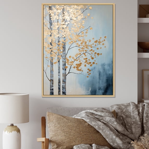 Designart "Gold And Blue Tree Serenity V" Landscape Trees Floater Framed Canvas Art Print