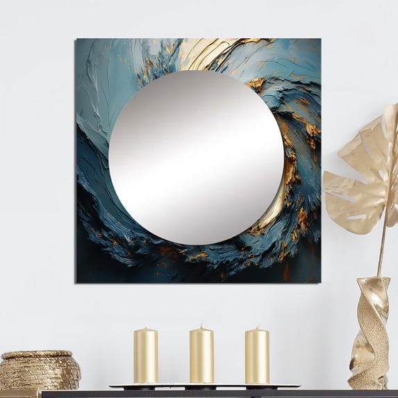 Designart "Gold And Blue Vortex Potteries" abstract spirals Square Mirror For Wall Decor - Large Gold Square Mirror Printed Wall Decor - Modern Square Living Room Mirror
