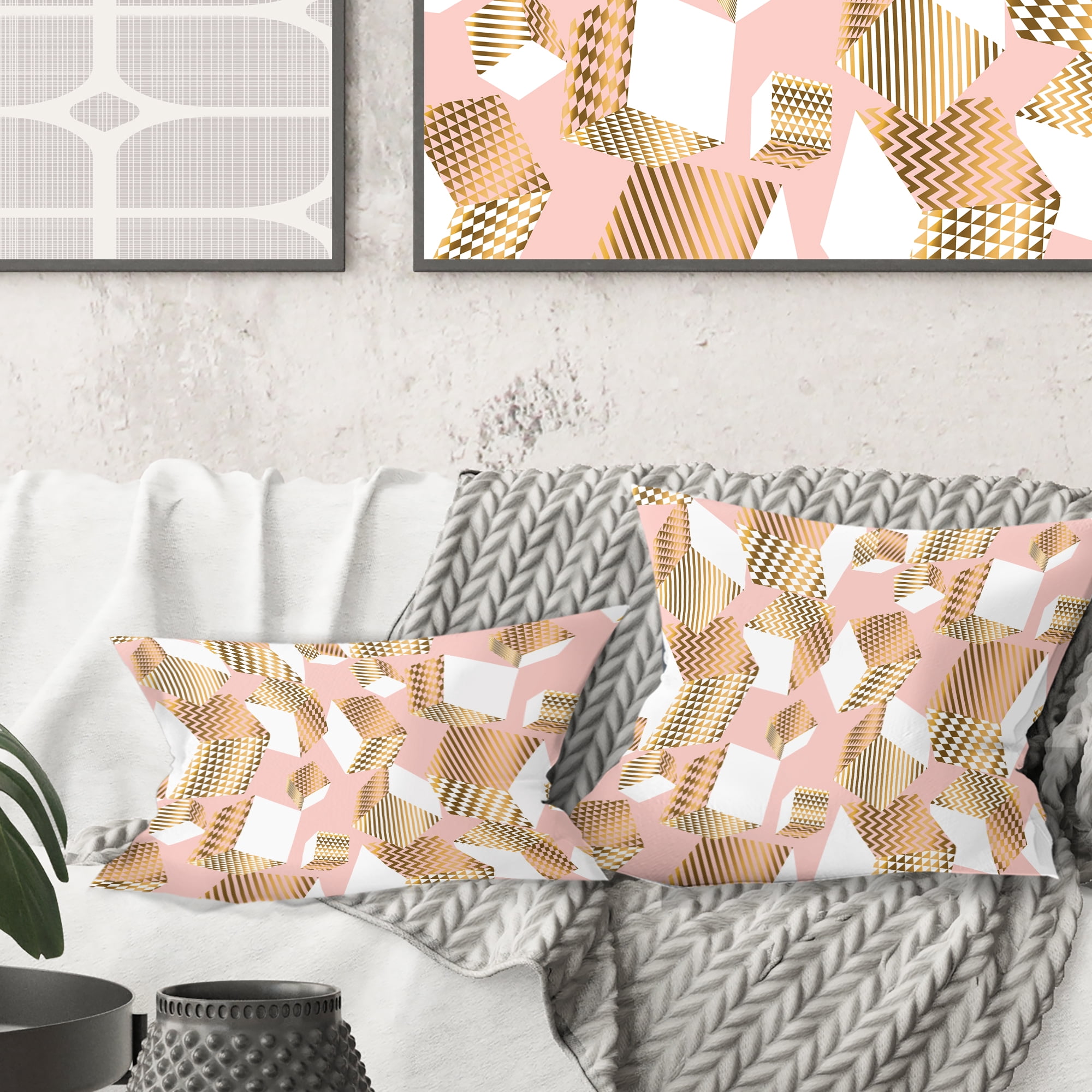 Designart Gold And Rose Cubes I' Mid-Century Modern Throw Pillow - 16x16