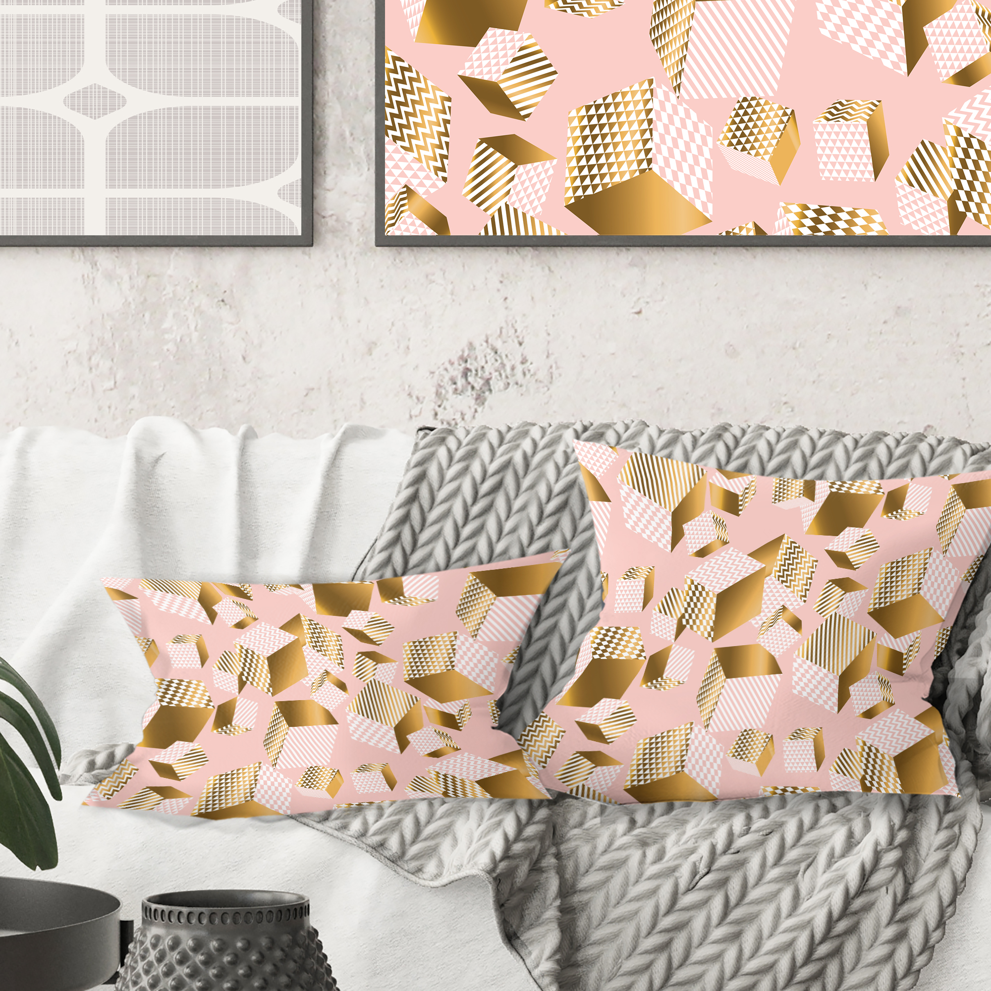 Designart Gold And Rose Cubes II' Mid-Century Modern Throw Pillow - 16x16