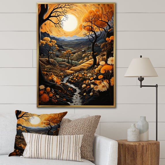 Designart "Gold Autumn Countryside Harvest art painting II" Landscape & Nature Floater Framed Canvas Wall Art