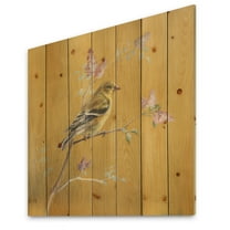 Designart 'Gold Bird Sitting on Blossoms III' Farmhouse Print on Natural Pine Wood