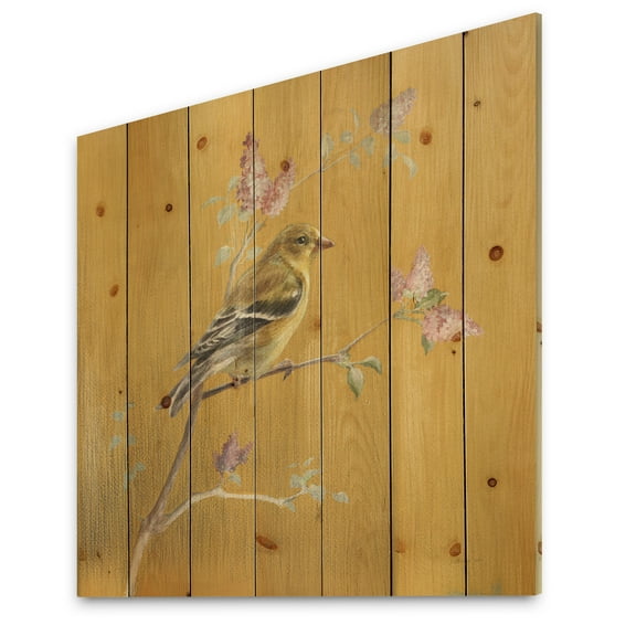 Designart 'Gold Bird Sitting on Blossoms III' Farmhouse Print on Natural Pine Wood