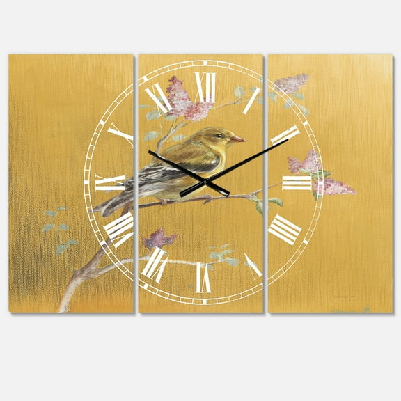 Designart 'Gold Bird on Blossoms III' Farmhouse Wall Clock