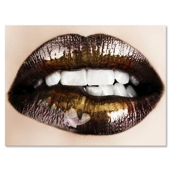 Designart ' Gold Black Lips Biting ' Modern Canvas Wall Art Print