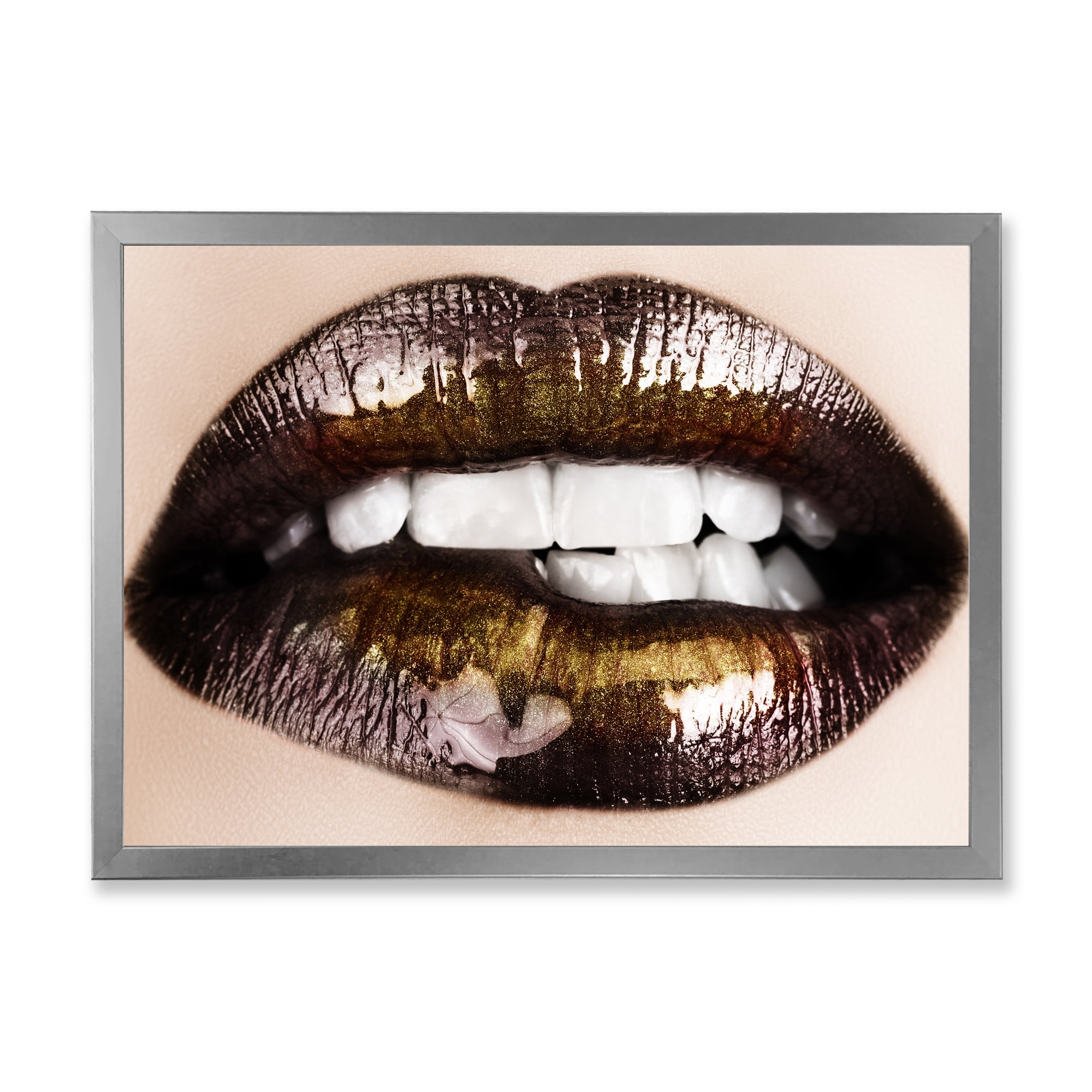 Designart 'Gold Black Lips Biting' Modern Framed Art Print