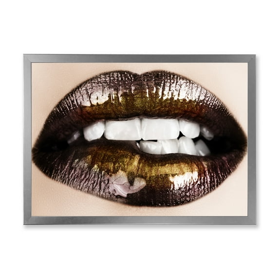 Designart 'Gold Black Lips Biting' Modern Framed Art Print