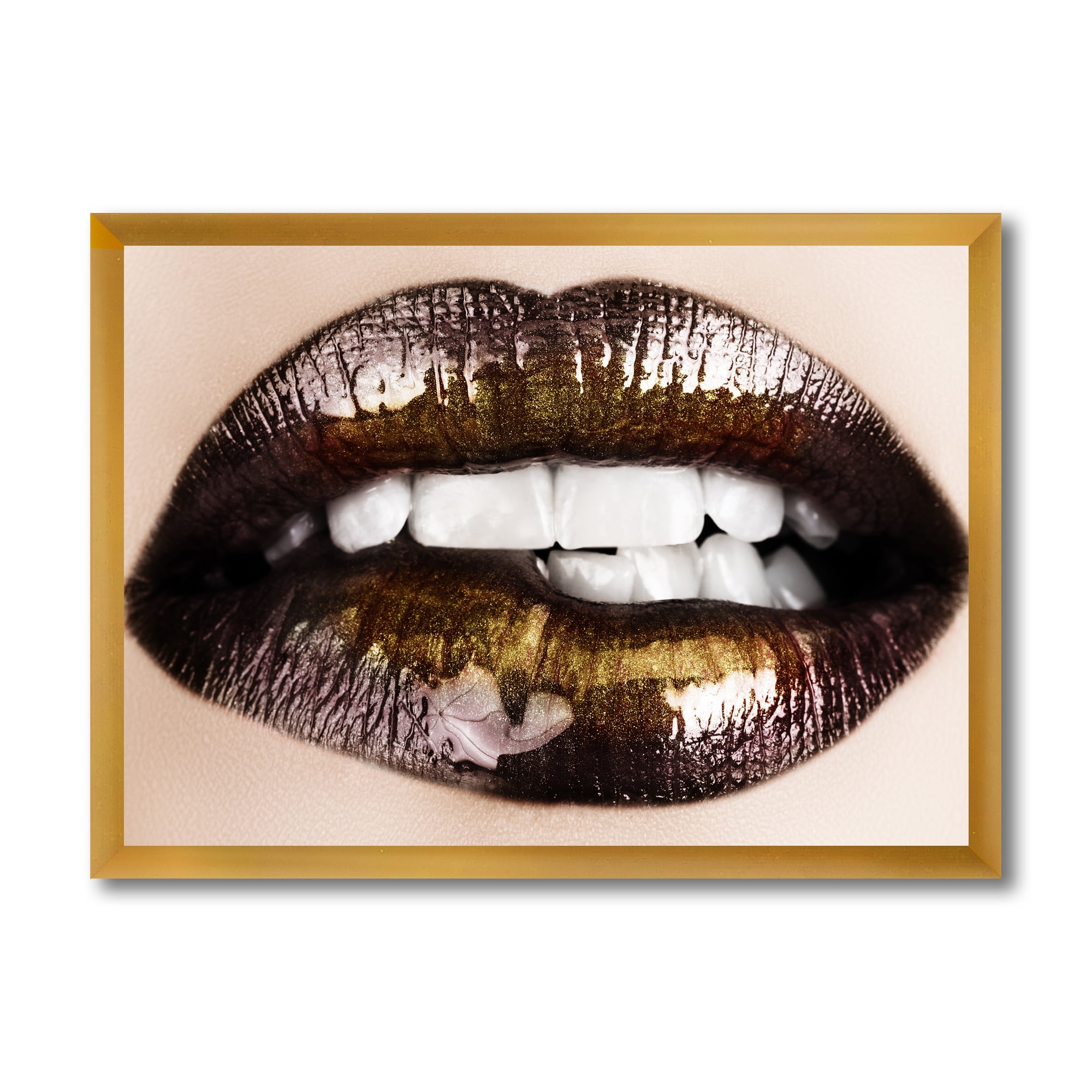 Designart 'Gold Black Lips Biting' Modern Framed Art Print
