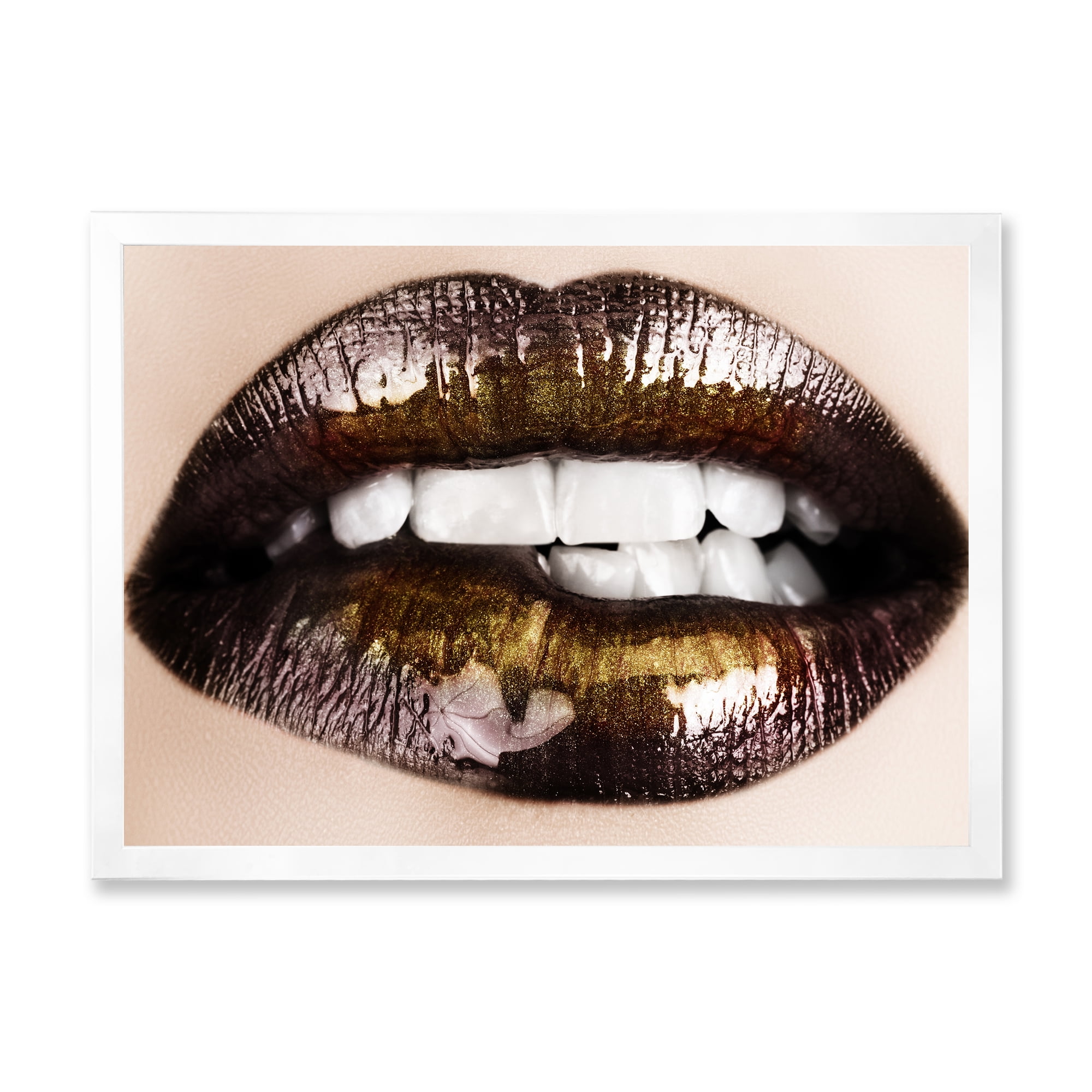 Designart 'Gold Black Lips Biting' Modern Framed Art Print