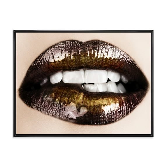 Designart 'Gold Black Lips Biting' Modern Framed Canvas Wall Art Print