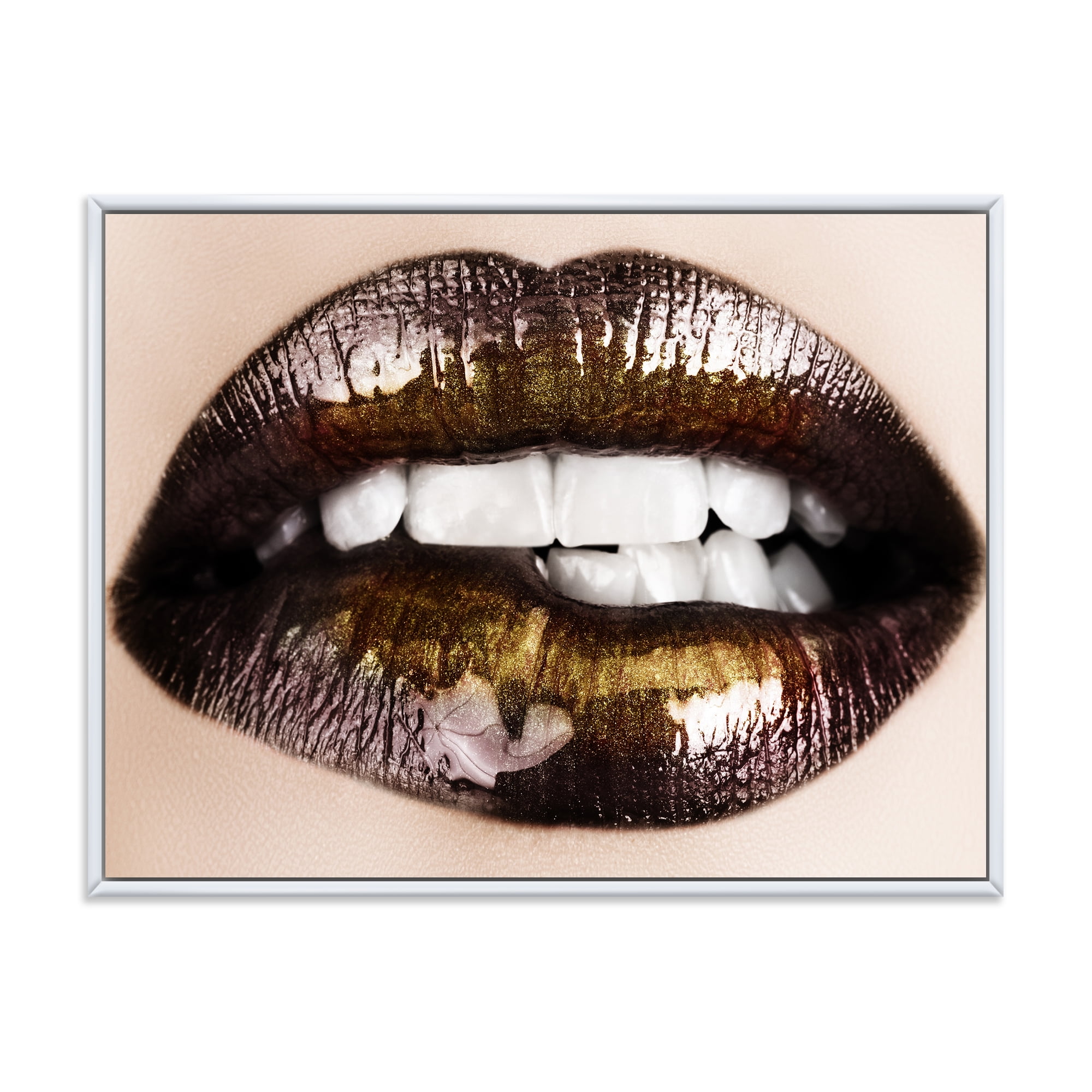 Designart 'Gold Black Lips Biting' Modern Framed Canvas Wall Art Print
