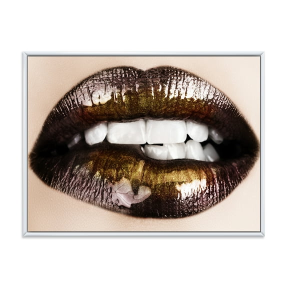 Designart 'Gold Black Lips Biting' Modern Framed Canvas Wall Art Print