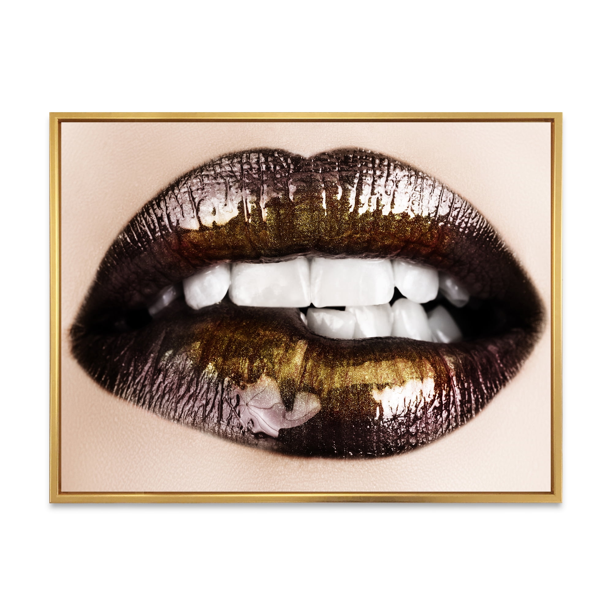 Designart 'Gold Black Lips Biting' Modern Framed Canvas Wall Art Print