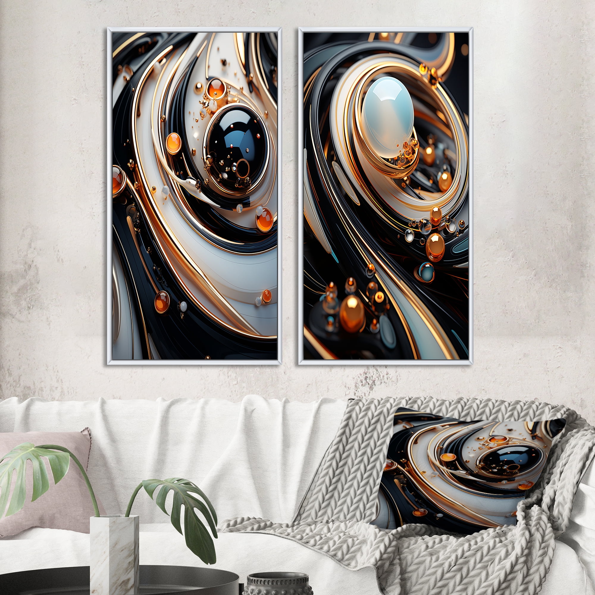 Designart "Gold Black White Spheres Liquid Artistry I" Abstract Shapes