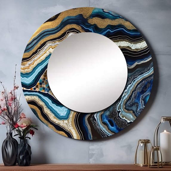 Designart "Gold Blue Geode Gems Mineral Radiance" Stone Geode Round Mirror Wall Décor Coastal - Large Gold Round Mirror - Round Mirror 29" x 29" Inch