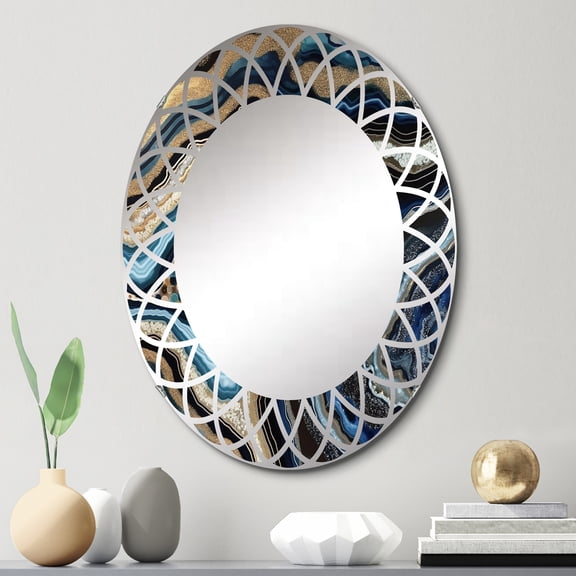 Designart "Gold Blue Geode Gems Mineral Radiance" Stone Geode Round Wall Mirror - Landscapes Oval Printed Decorative Oversized Mirror - Multiple Color Options