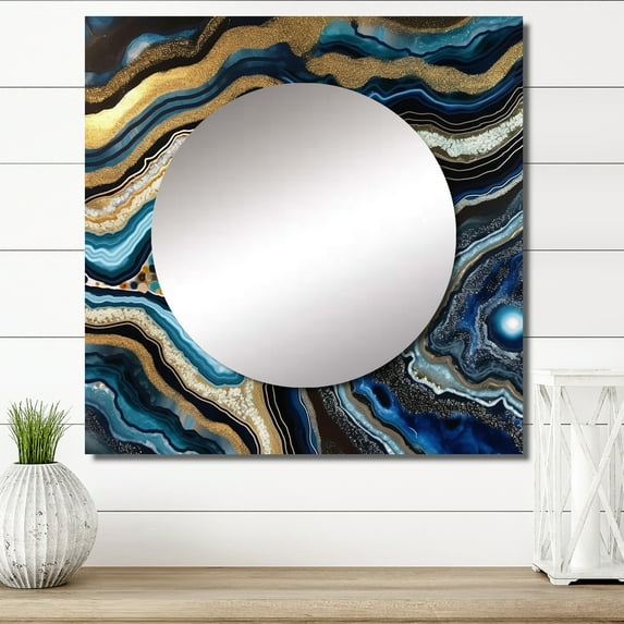 Designart "Gold Blue Geode Gems Mineral Radiance" Stone Geode Square Mirror For Wall Decor - Large Gold Square Mirror Printed Wall Decor - Traditional Square Living Room Mirror