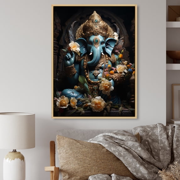 Designart "Gold Blue Indian Art Mystic Ganesha" Indian Floater Framed Canvas Art Print