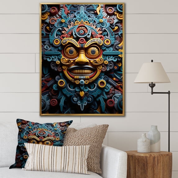 Designart "Gold Blue Mexico Vibrant Aztec Mask III" Mexico Floater Framed Canvas Print