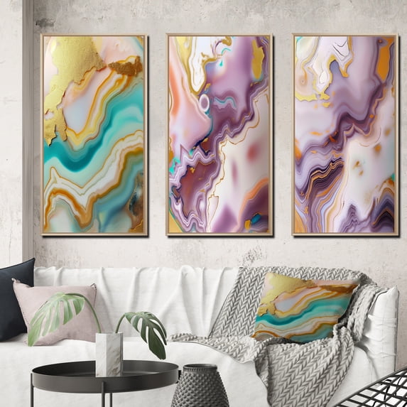 Designart "Gold Blue Turquoise Agate Liquid Art II" Abstract Shapes Framed Wall Art Set Of 3 - Gold Transitional Frame Canvas Set For Living Room Decor