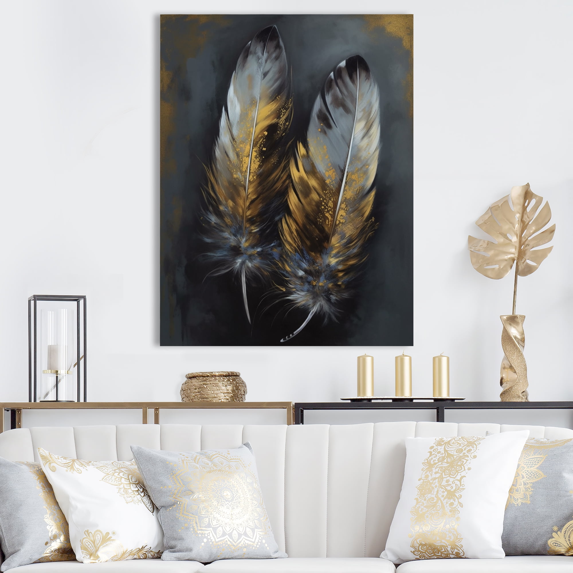 Gold and Gray Abstract Feather Canvas Art, 16" x 32"