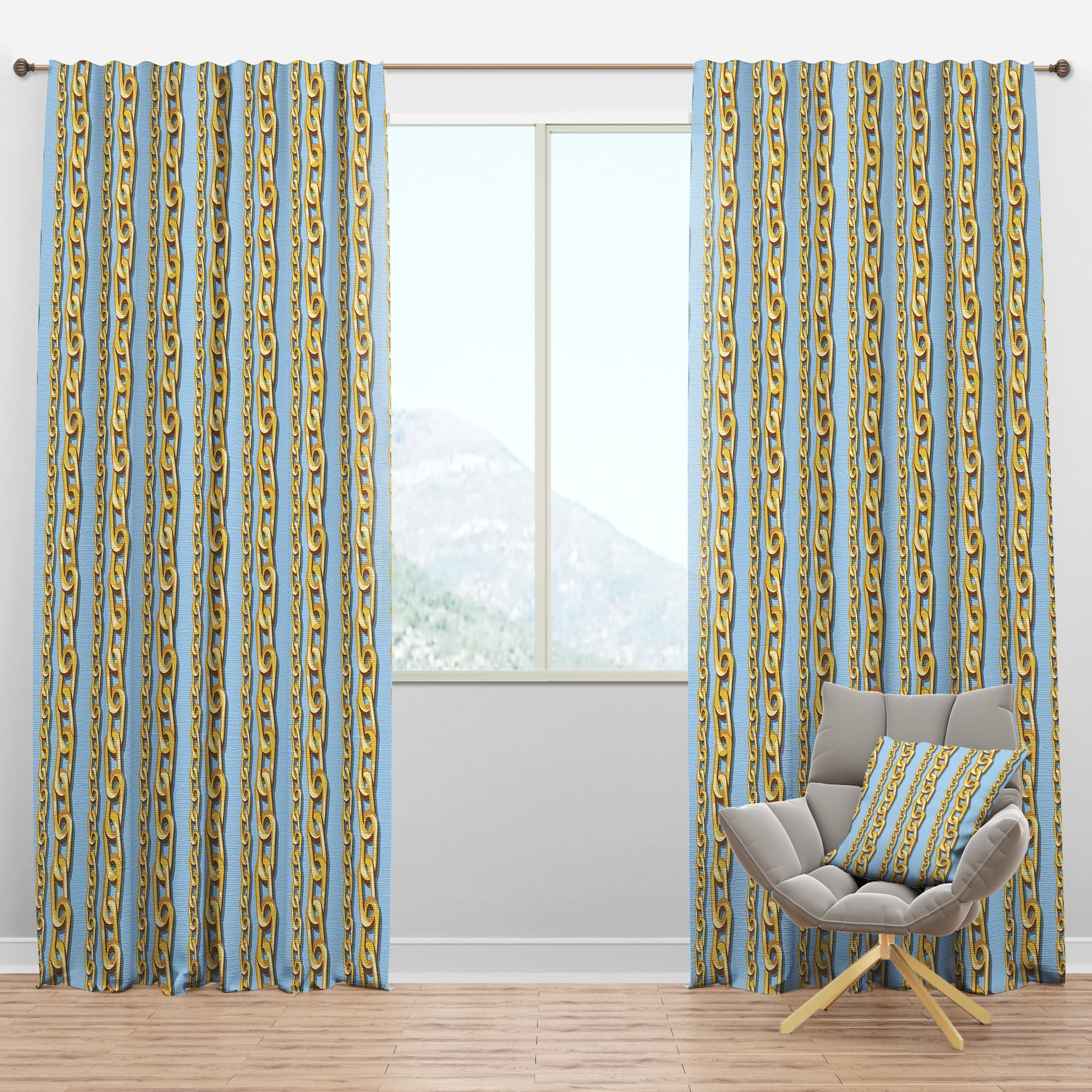 Designart 'Gold Chain Pattern on Blue' Mid-Century Modern Blackout Curtain Panel