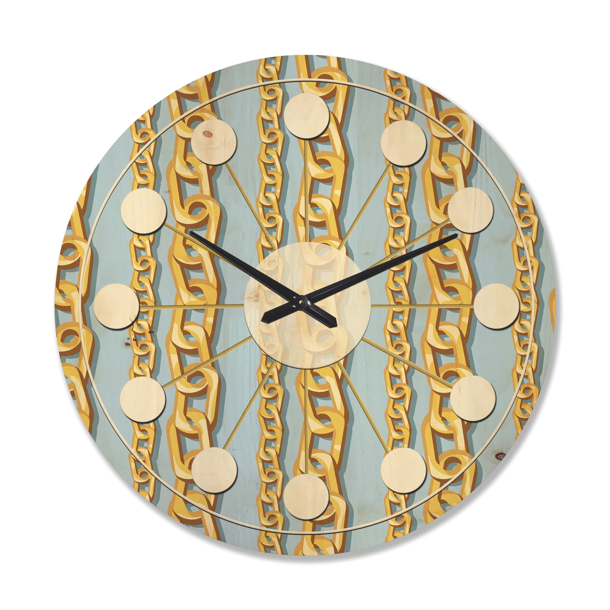 Designart 'Gold Chain Pattern on Blue' Mid-Century Modern Wood Wall Clock