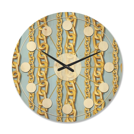 Designart 'Gold Chain Pattern on Blue' Mid-Century Modern Wood Wall Clock