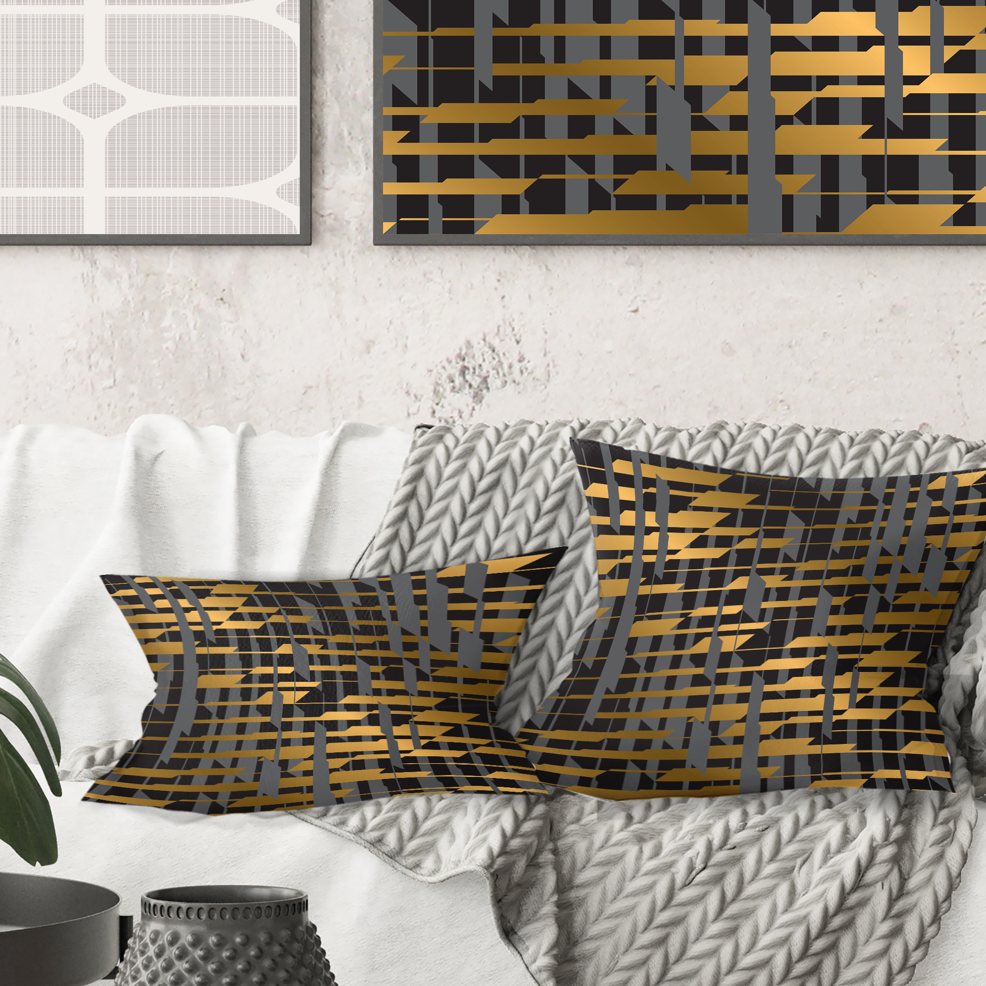 Designart Gold Checkered Pattern I' Mid-Century Modern Throw Pillow - 16x16