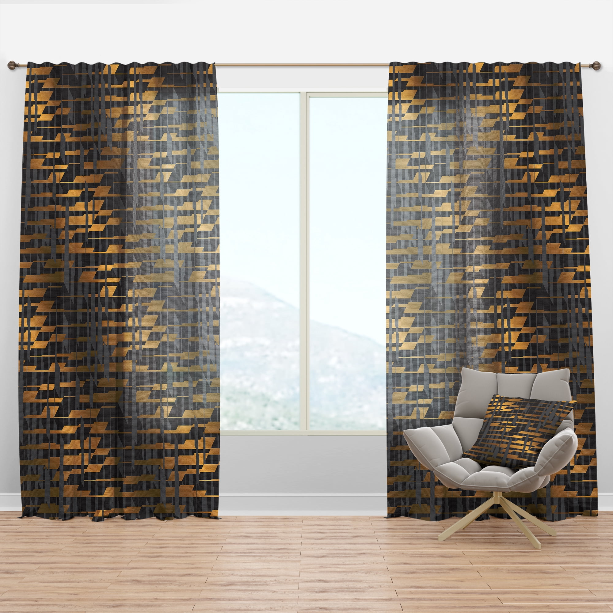 Designart 'Gold Checkered Retro Pattern I' Mid-Century Modern Curtain Panel