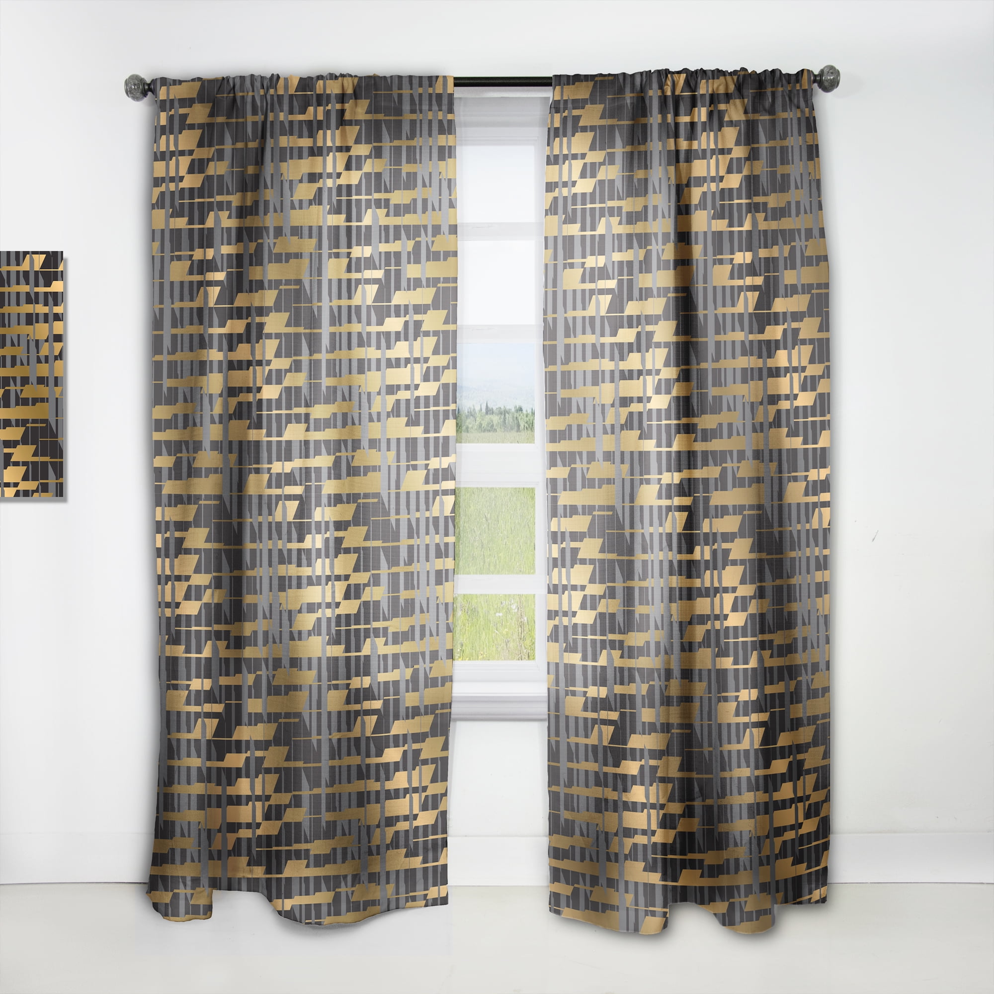 Designart 'Gold Checkered Retro Pattern I' Mid-Century Modern Curtain Panel