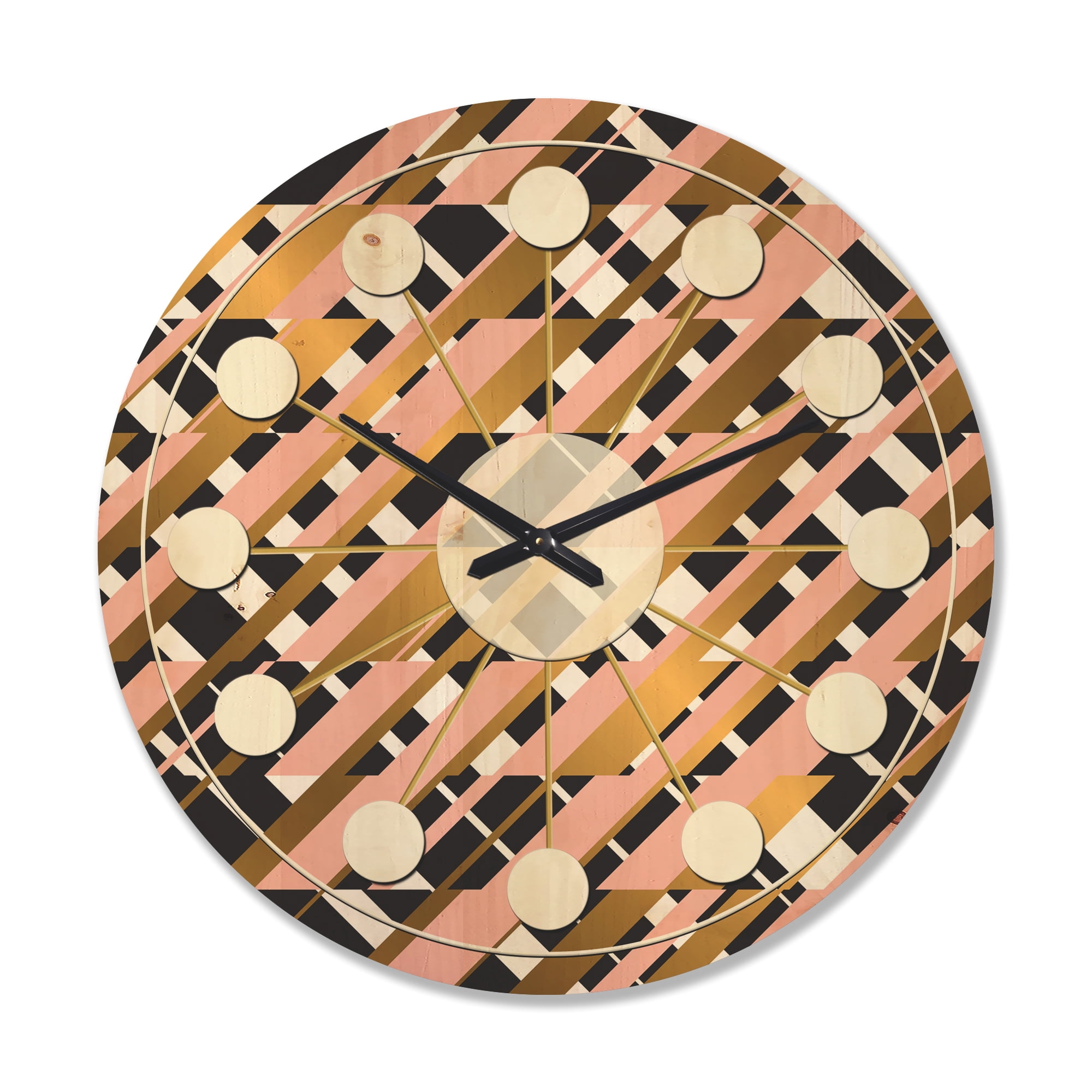 Designart 'Gold Checkered Retro Pattern II' Mid-Century Modern Wood Wall Clock