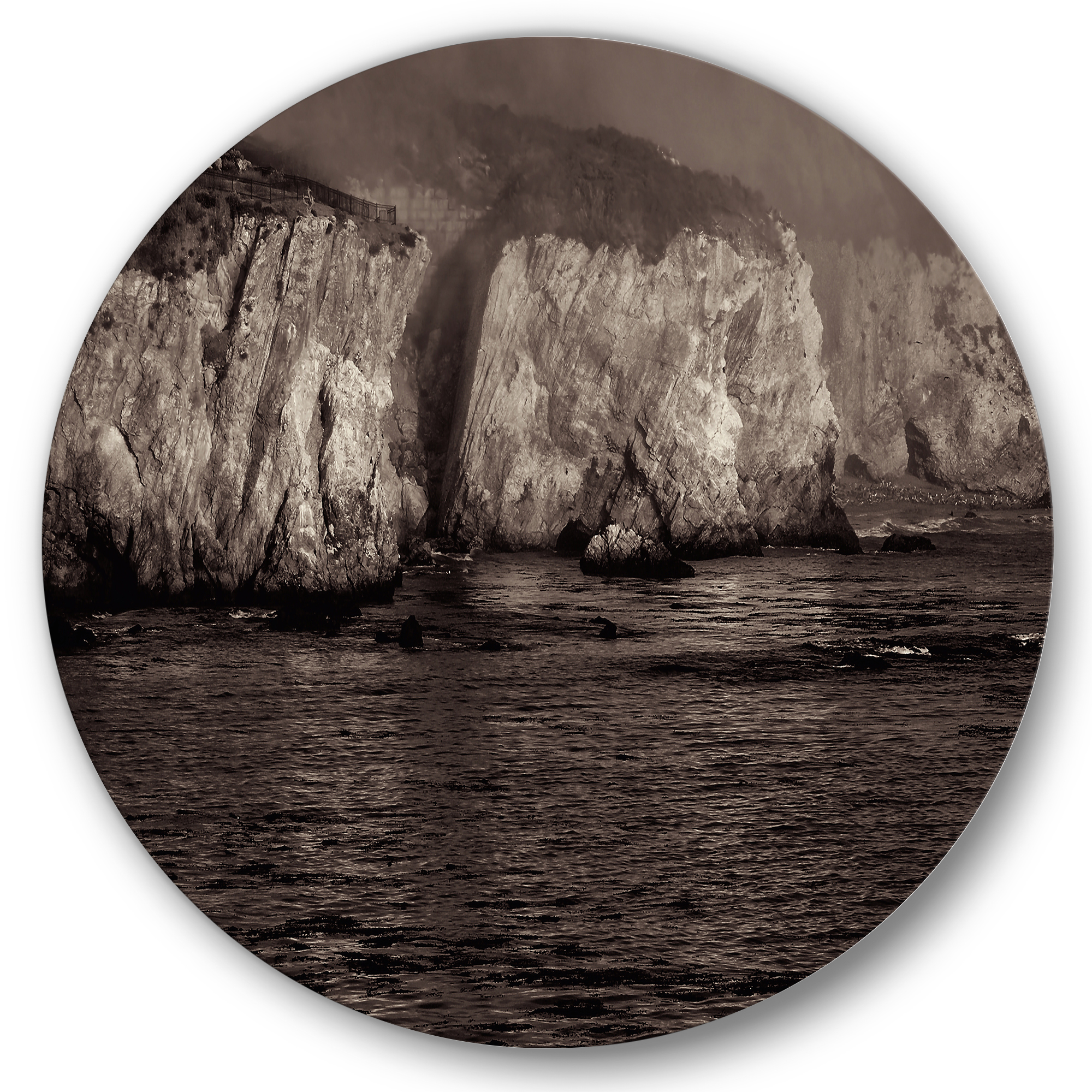 Designart 'Gold Cliffs Over Sea In The Fog' Modern Circle Metal Wall Art 29x29 - Disc of 29