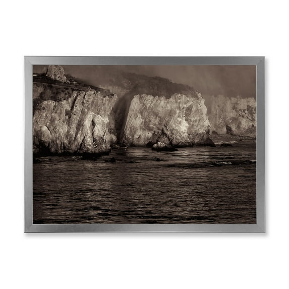 Designart 'Gold Cliffs Over Sea In The Fog' Modern Framed Art Print