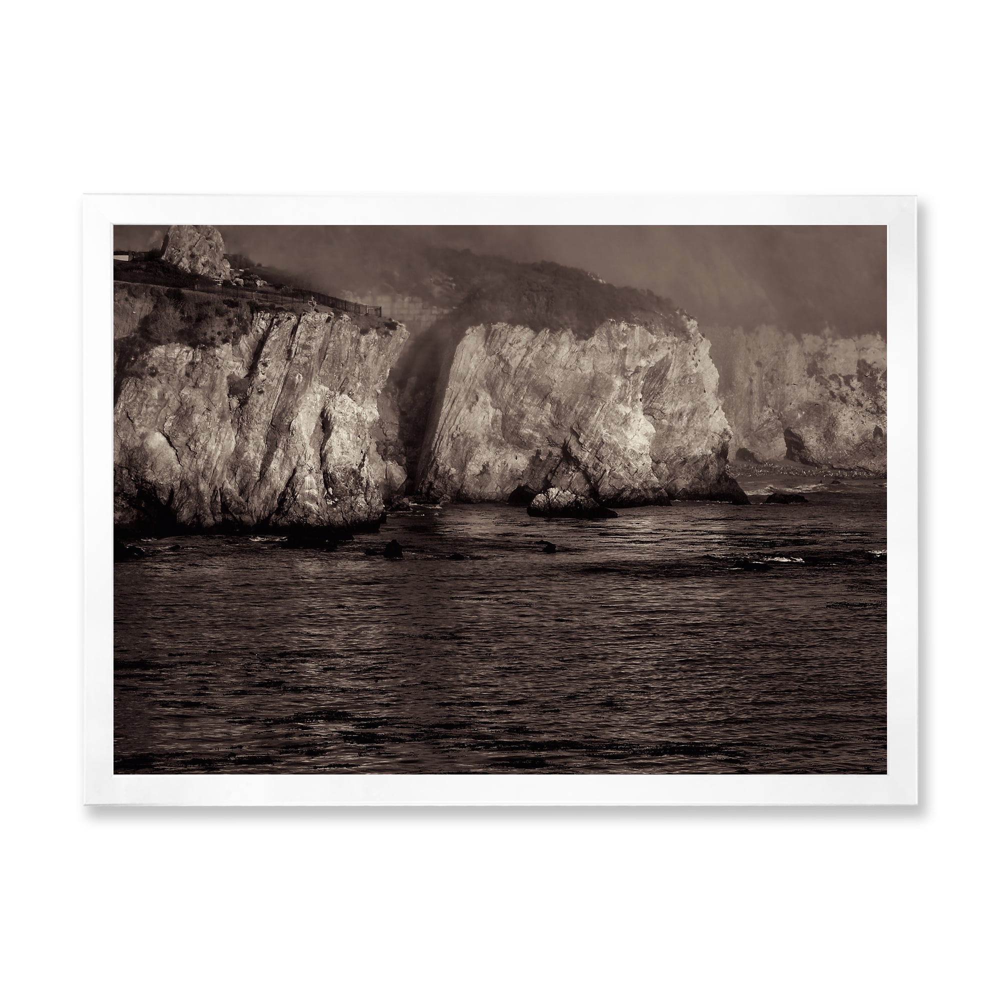Designart 'Gold Cliffs Over Sea In The Fog' Modern Framed Art Print