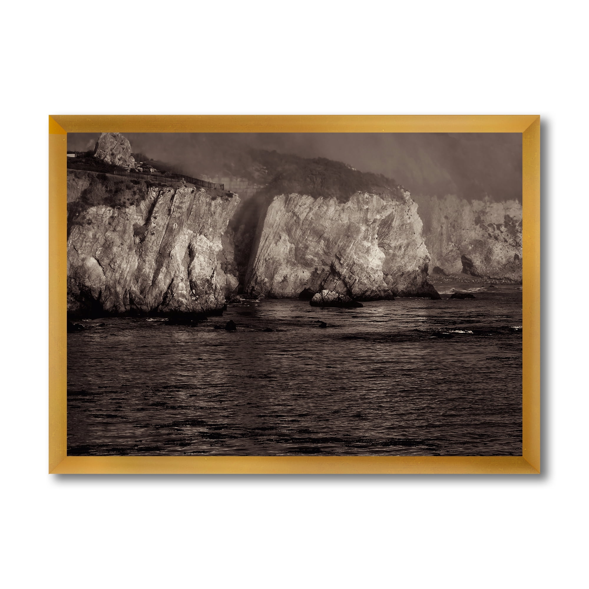 Designart 'Gold Cliffs Over Sea In The Fog' Modern Framed Art Print